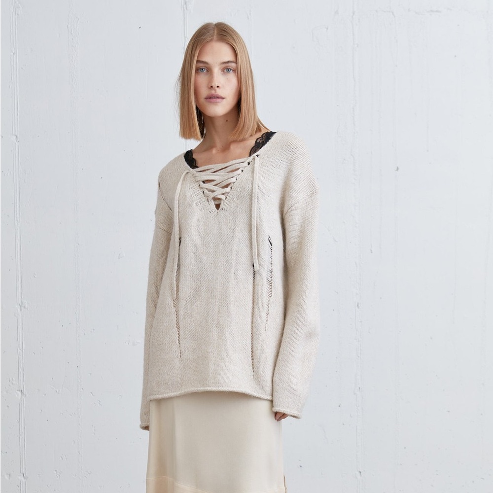 Oak + Fort Lace-Up Distressed Sweater‎ Sz S-M